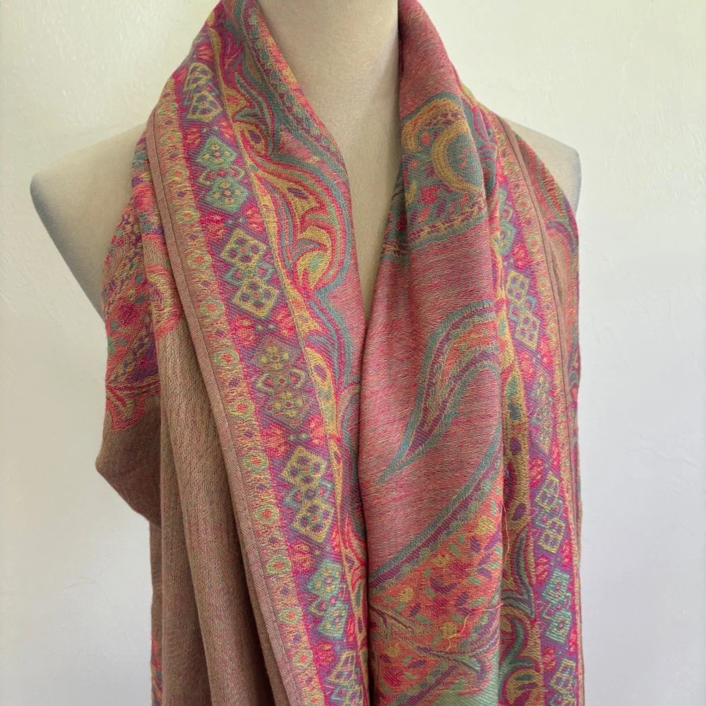 100% Cashmere Reversible Paisley Print Scarf Shawl Wrap Fringe Festival Boho